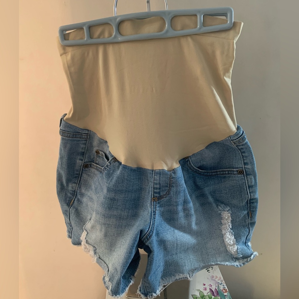 A Glow Maternity Denim Shorts Blue Cut Off Distressed Stretch Pannel Siz…